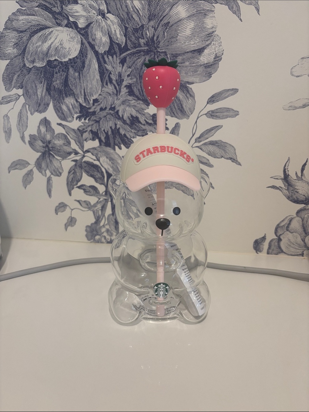 Starbucks Clear Bear Tumbler with Pink Hat and Strawberry Top